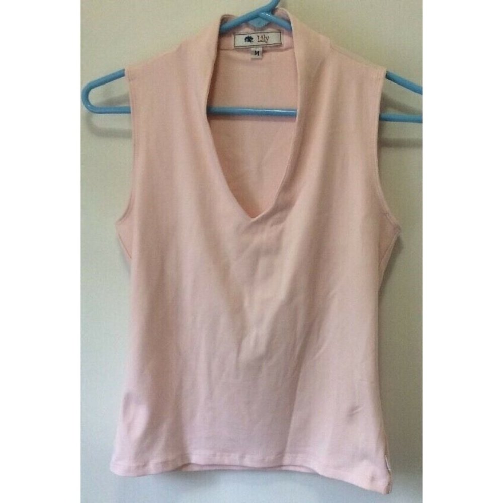 Lily Womens Knit Top Size M pink Solid V Neck Sexy Tightl Sleeveless Blouse USA